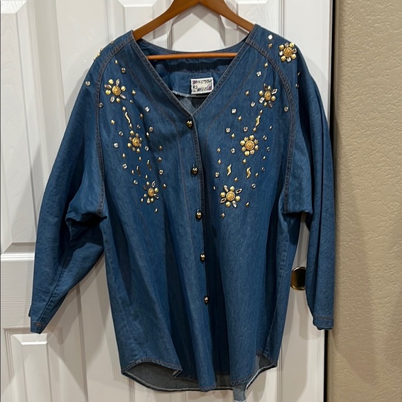 Monique Fashion Tops - Monique Fashion Embellished Denim Button-Up Shirt -size 2X